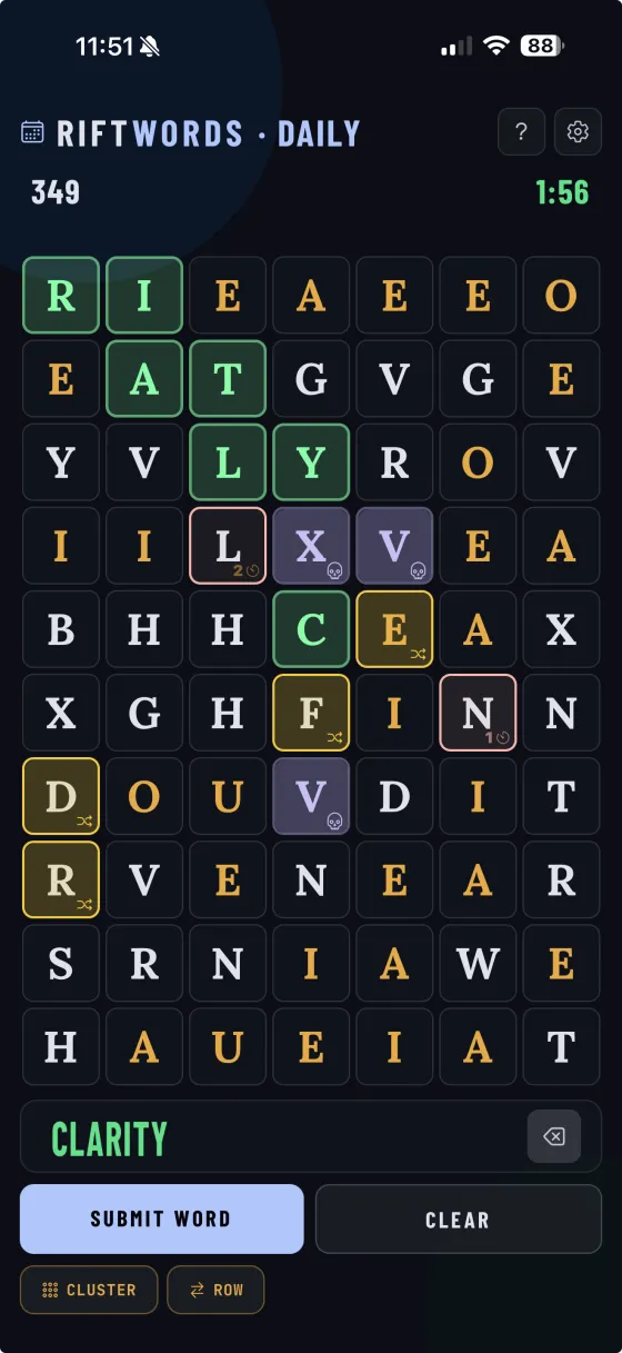 RiftWords Daily mode mid-play. The 7-by-10 letter grid is visible with the word CLARITY selected in green, and several rift tiles glowing across the board · two volatile (countdown), three scramble (yellow), and three cursed (skull purple).