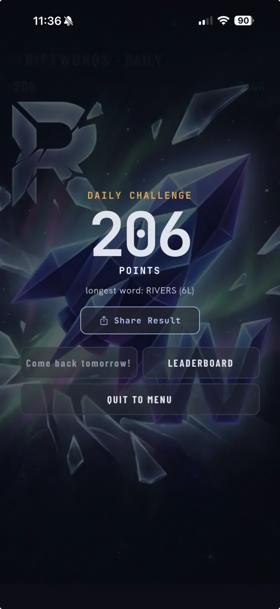 RiftWords Daily Challenge end card. 206 POINTS · longest word RIVERS (6 letters) · Share Result button on the shattered-R crystal artwork.